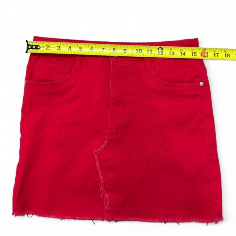 Denim Mini Skirt Cherry Red Vintage-Vibe Dollhouse Frayed hem Size 9 Y2K grunge - Picture 6 of 8